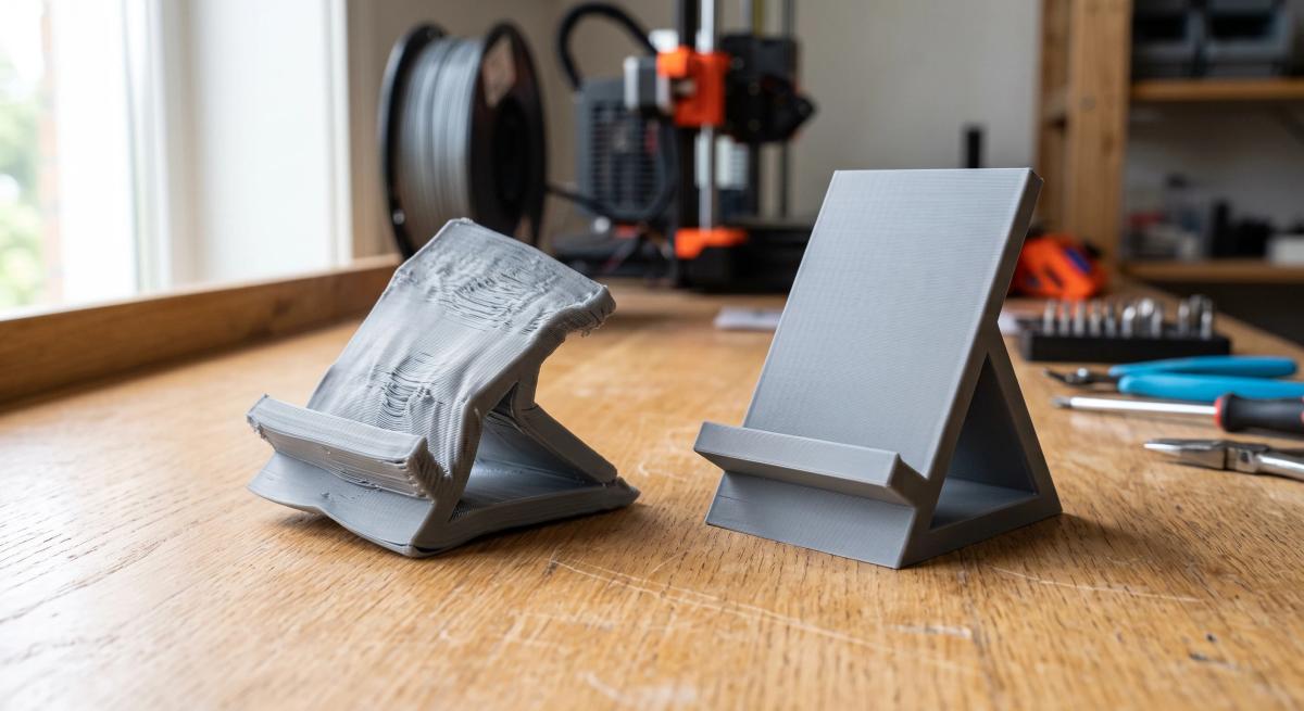 Two identical 3D printed phone stands side by side, the left one warped and drooped from heat, the right one intact