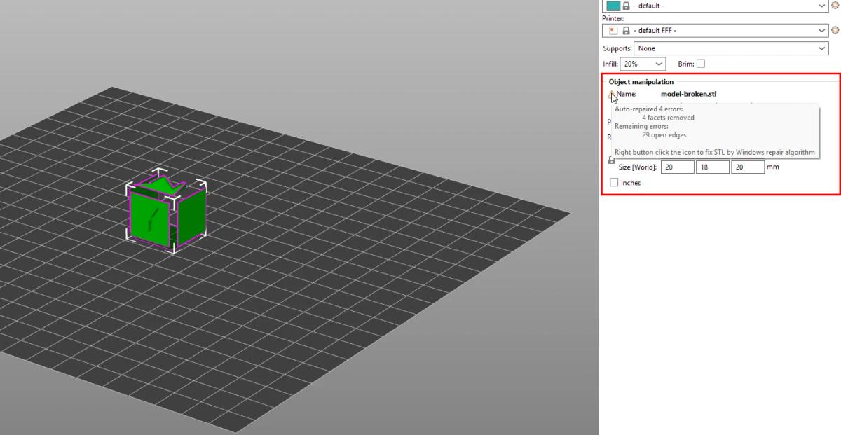 PrusaSlicer showing an auto-repair notice after importing a broken STL file