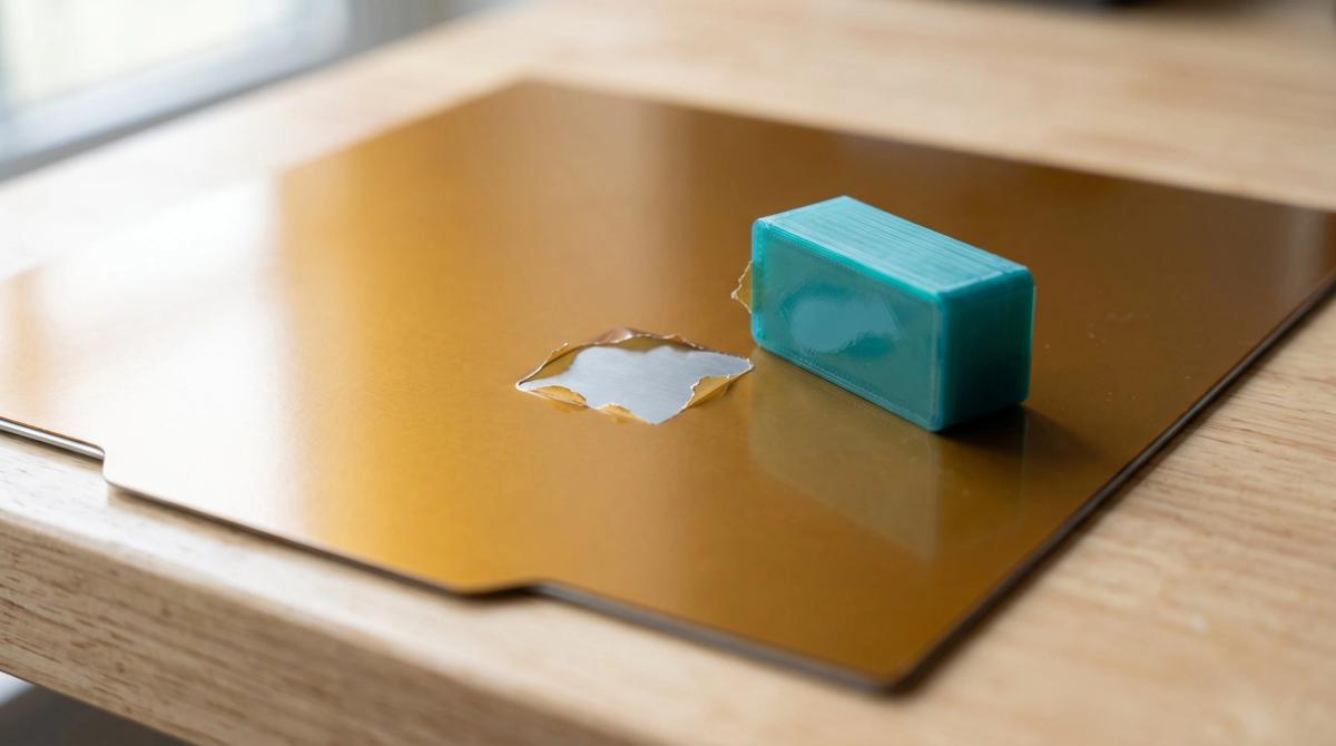A teal PETG print lying next to a smooth PEI build plate with a torn patch where the print pulled a piece of the coating away