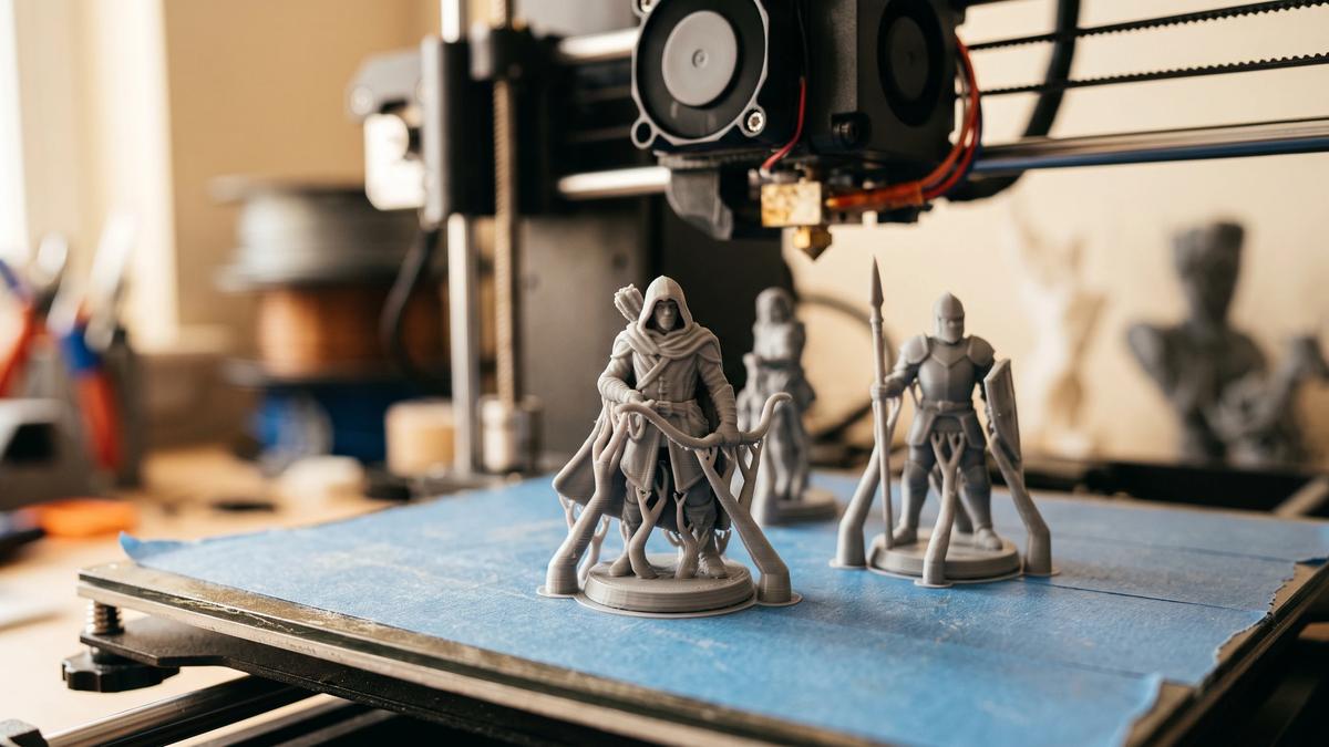 Freshly printed grey miniature figures on a 3D printer build plate with tree supports still attached