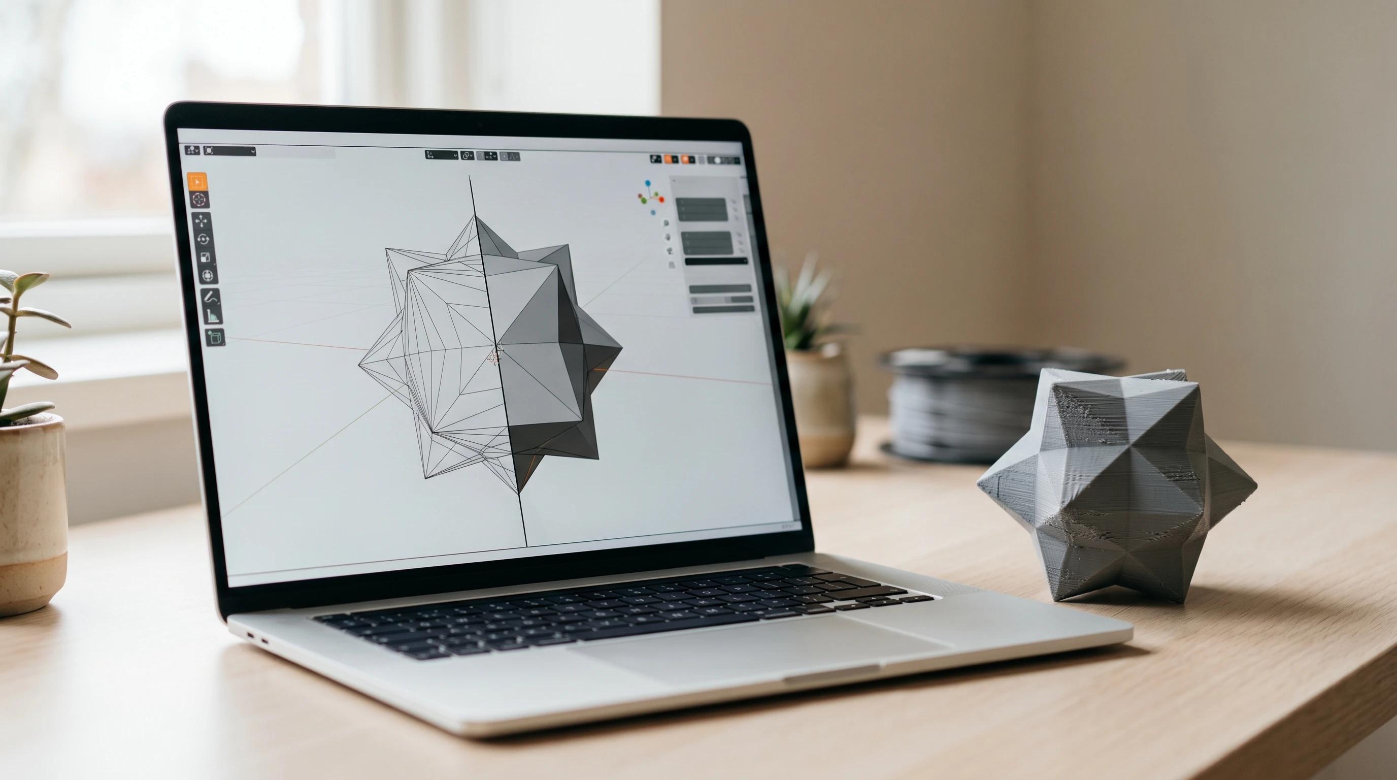 3D model shown on a laptop screen next to the small printed object it produced