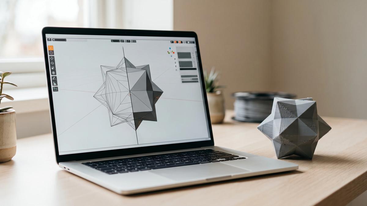 3D model shown on a laptop screen next to the small printed object it produced