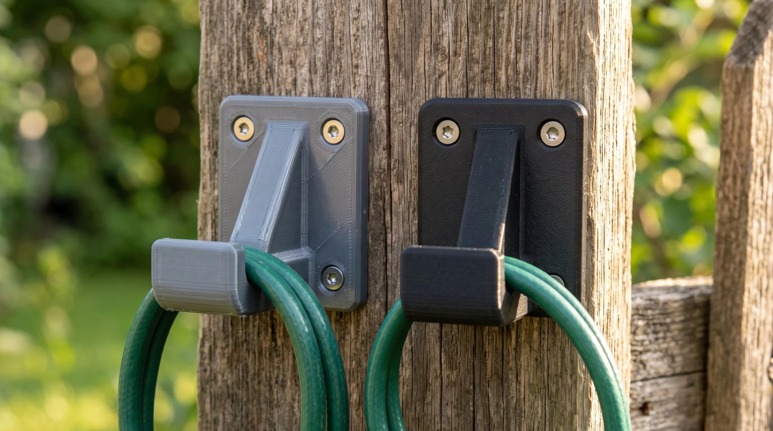 Two identical 3D printed brackets mounted on a sunny outdoor fence post, one in glossy gray PETG and one in matte black ASA