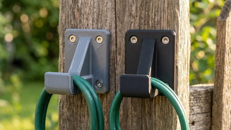 Two identical 3D printed brackets mounted on a sunny outdoor fence post, one in glossy gray PETG and one in matte black ASA