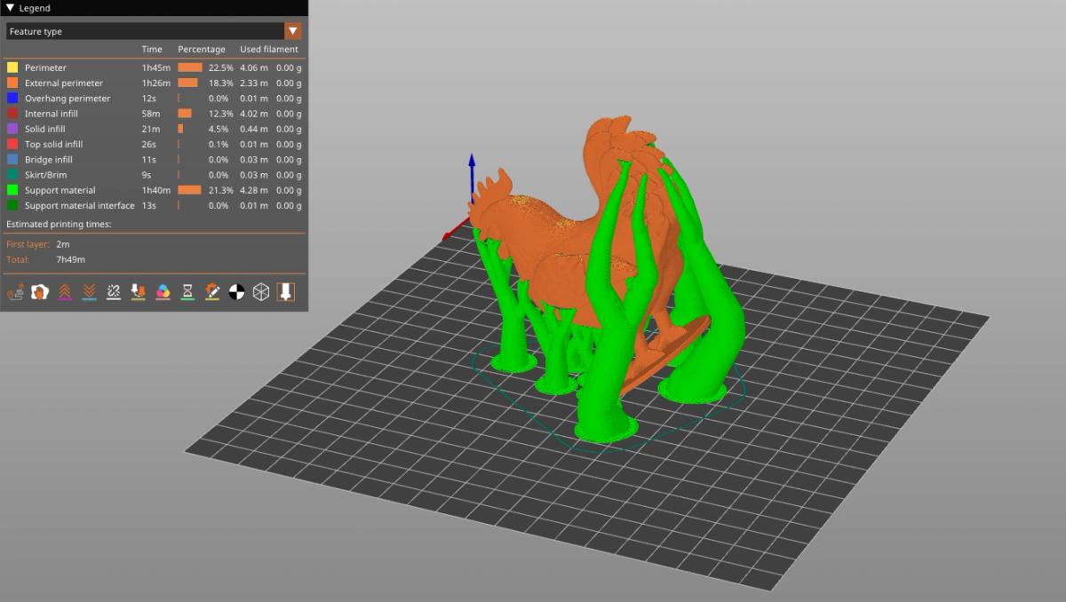 Miniature tilted at an angle in PrusaSlicer with organic tree supports generated underneath