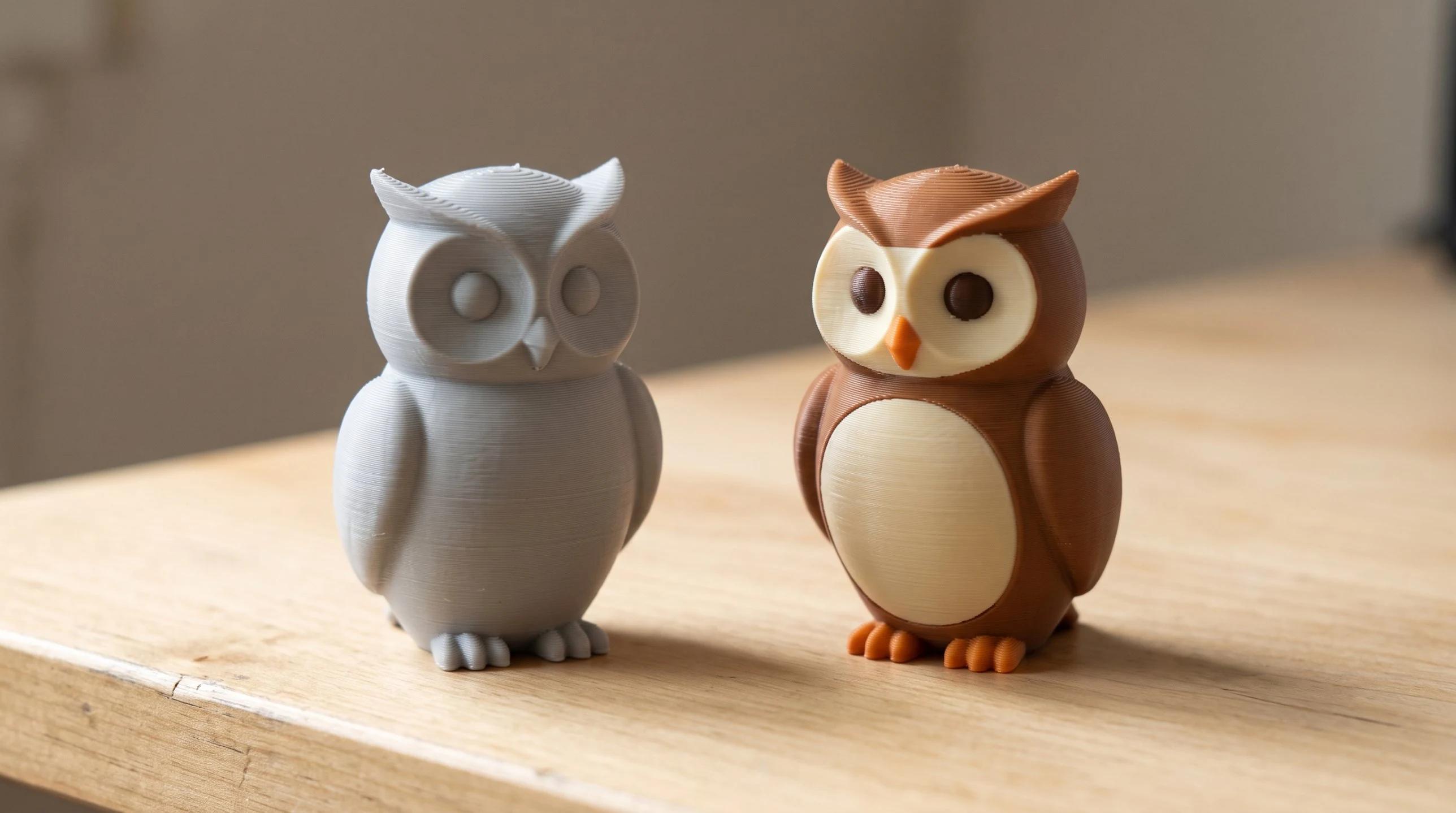 Two 3D-printed owl figurines side by side on a wooden desk - one in plain grey filament, the other printed in brown, cream and orange