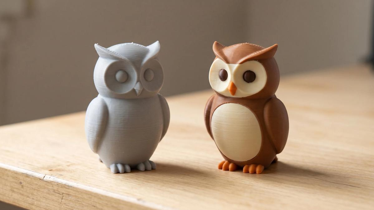 Two 3D-printed owl figurines side by side on a wooden desk - one in plain grey filament, the other printed in brown, cream and orange