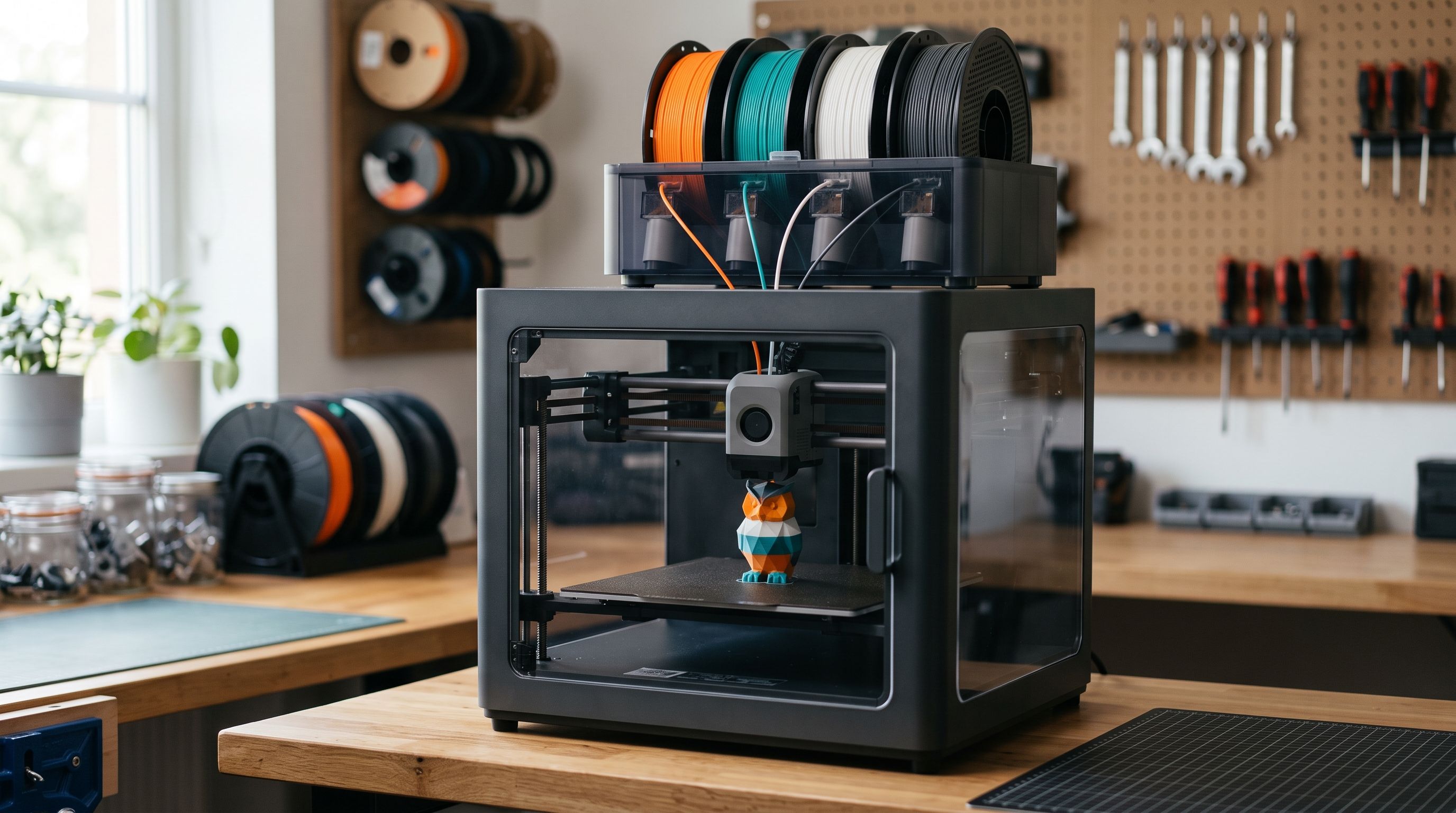 A four-spool automatic filament system feeding four colors of filament into a desktop 3D printer printing a multicolor model