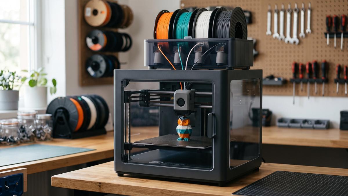 A four-spool automatic filament system feeding four colors of filament into a desktop 3D printer printing a multicolor model