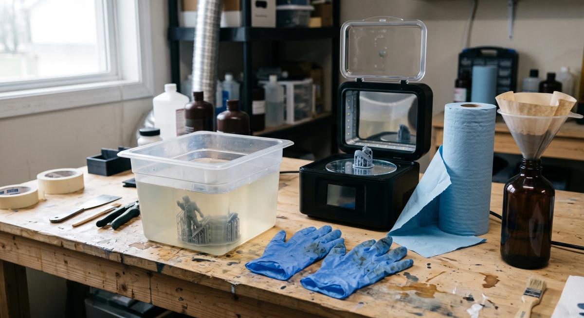 Resin post-processing station with an IPA wash tub, nitrile gloves, UV curing chamber and a resin filter