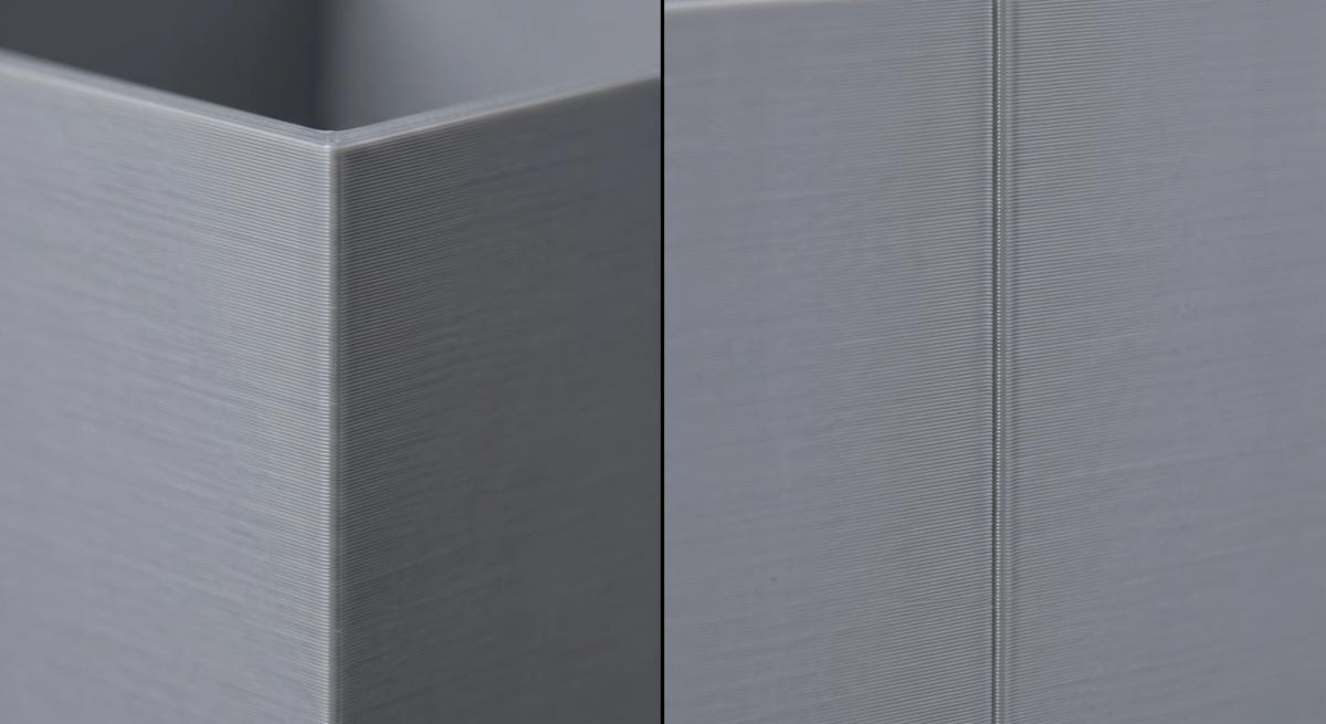 A printed object's Z-seam hidden in a natural corner compared to the same seam visible on a flat surface