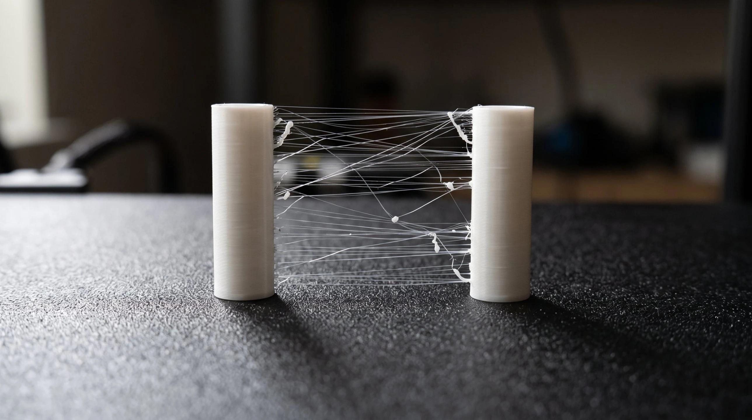 Two white 3D printed towers on a black textured build plate with fine plastic strings and small blobs stretched between them, a classic stringing test