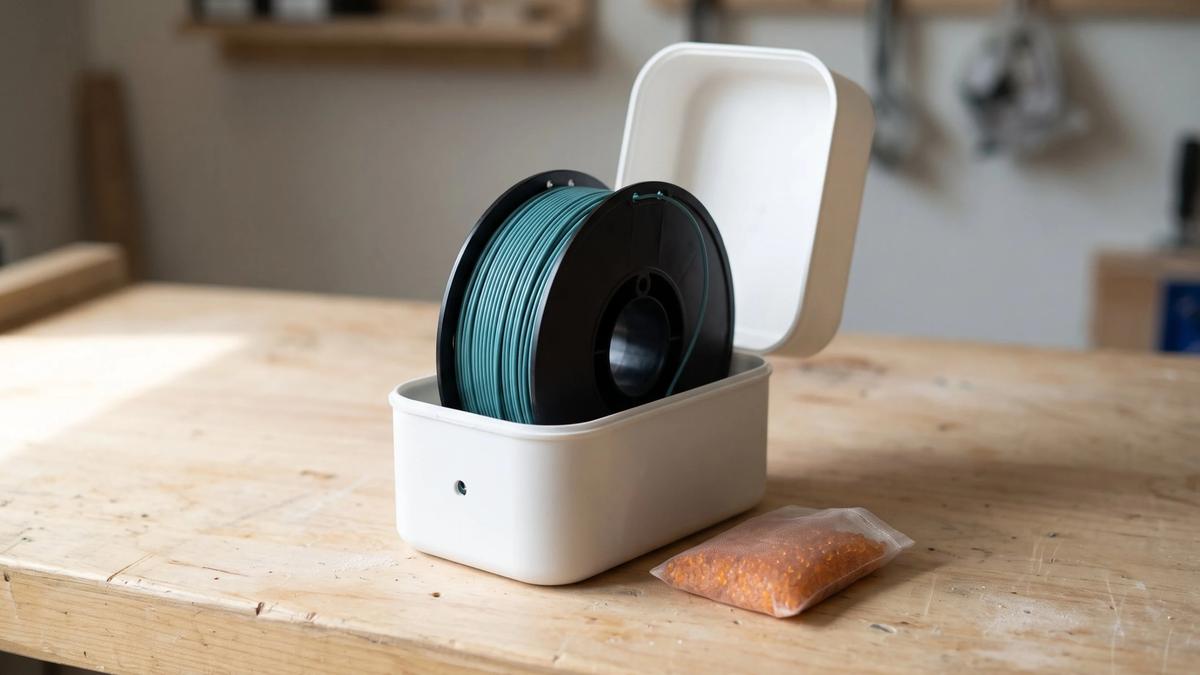 A spool of teal 3D printer filament standing in an open white plastic box on a wooden workbench, next to a small bag of orange silica gel beads