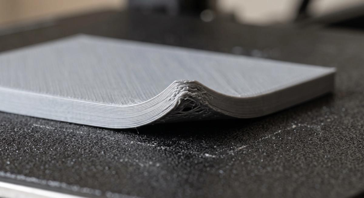 Macro view of an ABS print with a corner curled up off the build plate leaving a visible gap