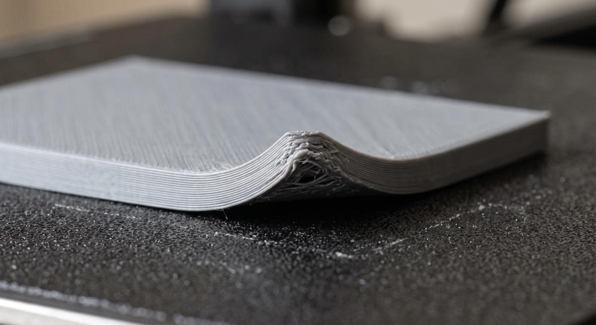 Macro view of an ABS print with a corner curled up off the build plate leaving a visible gap