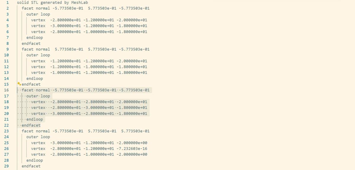 ASCII STL file open in a text editor showing the facet normal and vertex structure