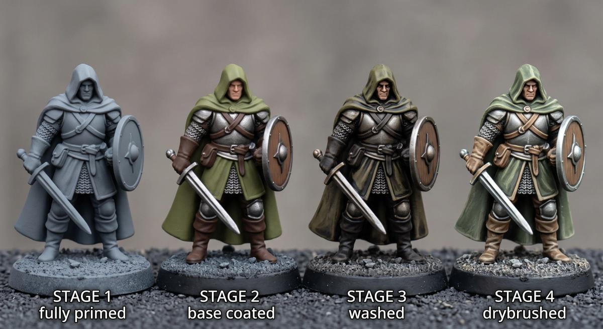 The same miniature shown in four painting stages: primed, base coated, washed and drybrushed