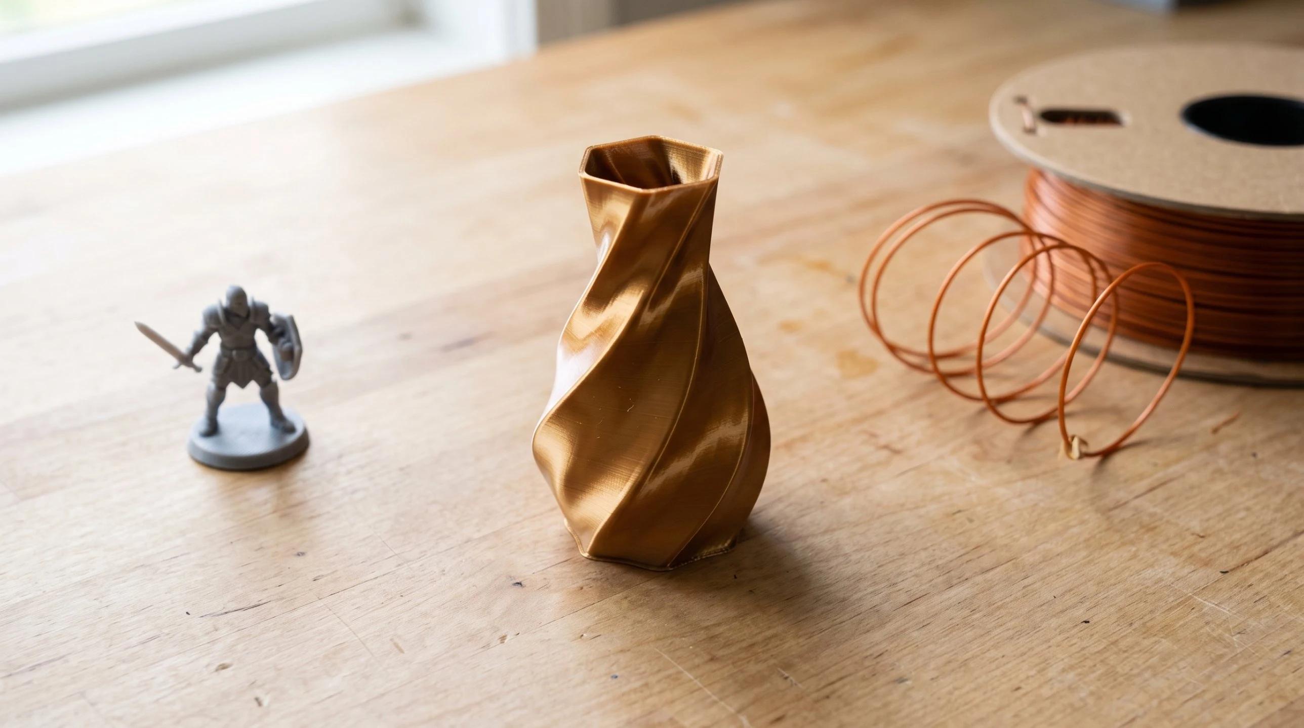 A matte PLA miniature, a glossy silk PLA vase, and a partially unspooled filament spool arranged on a workbench