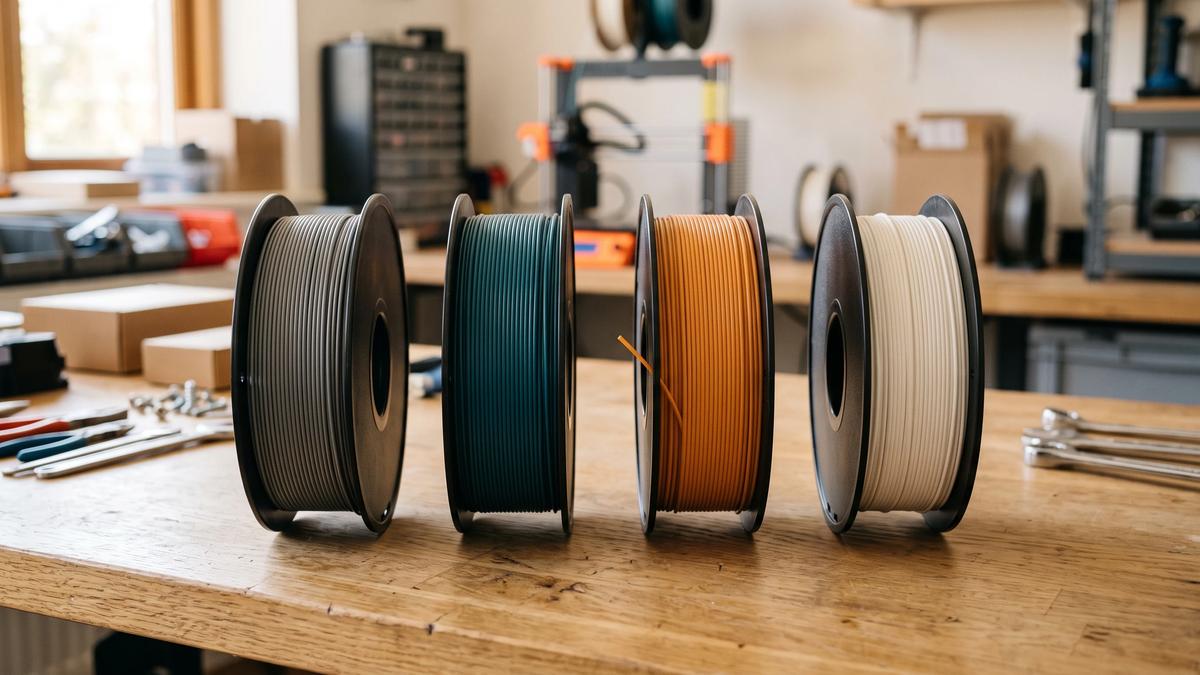 Four identical spools of 3D printing filament in grey, teal, orange and white on a workbench