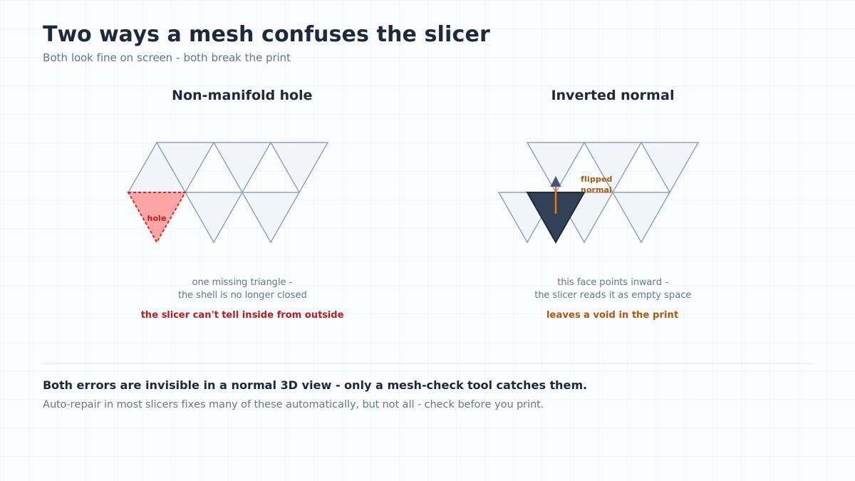 Diagram showing a one-triangle hole in a mesh and a flipped normal that confuse the slicer