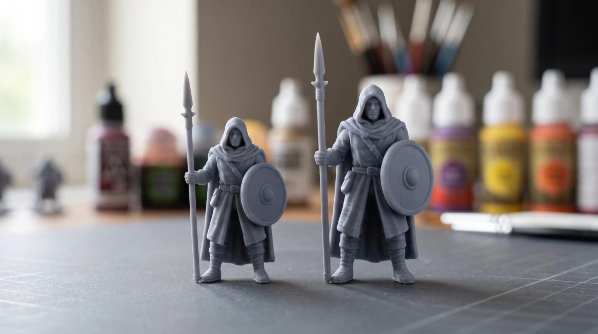 Two miniature figures of the same design at clearly different heights, illustrating a tabletop scale difference