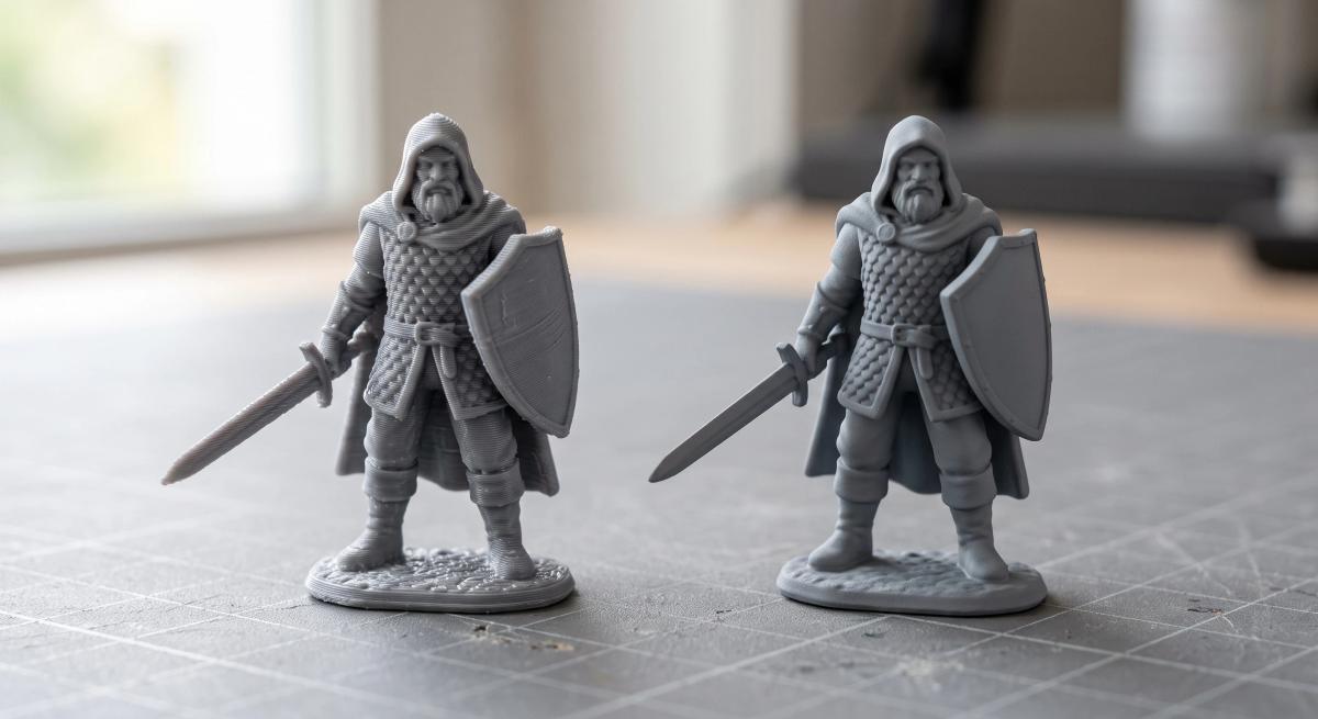 The same miniature before and after filler primer, with layer lines visible on the left and a smooth surface on the right
