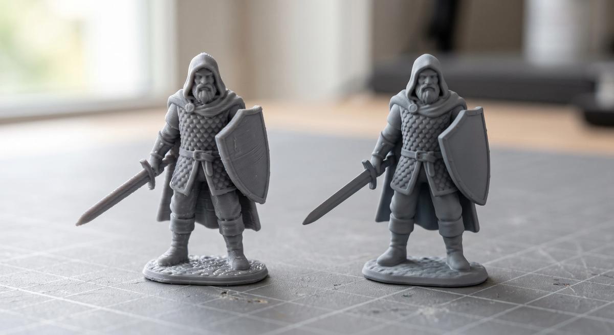 The same miniature before and after filler primer, with layer lines visible on the left and a smooth surface on the right