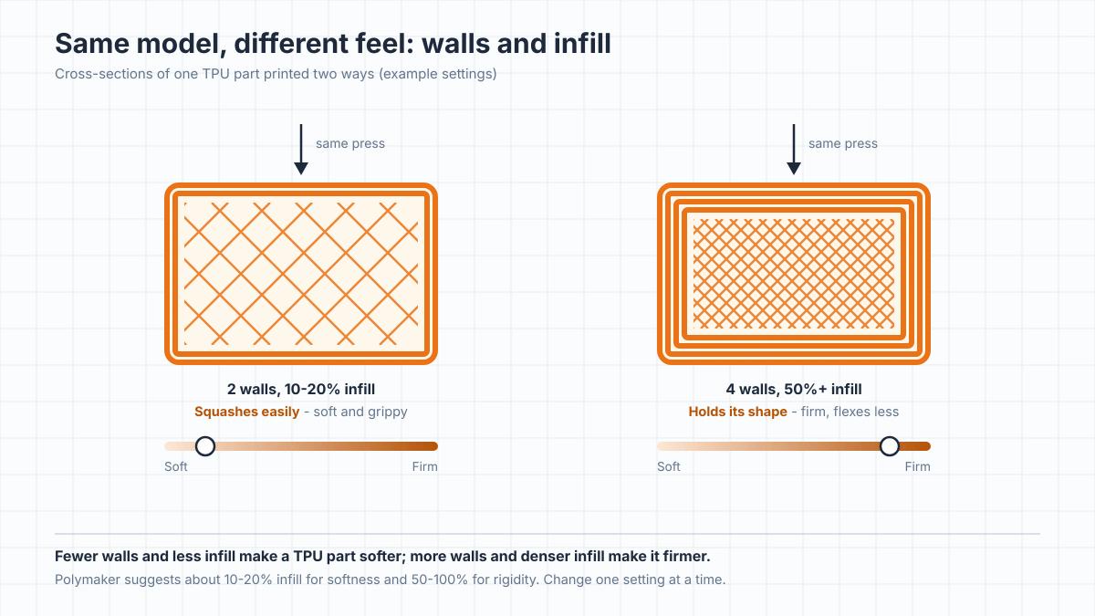 Diagram comparing cross-sections of the same TPU part: two walls with sparse infill squash easily, while four walls with dense infill hold their shape