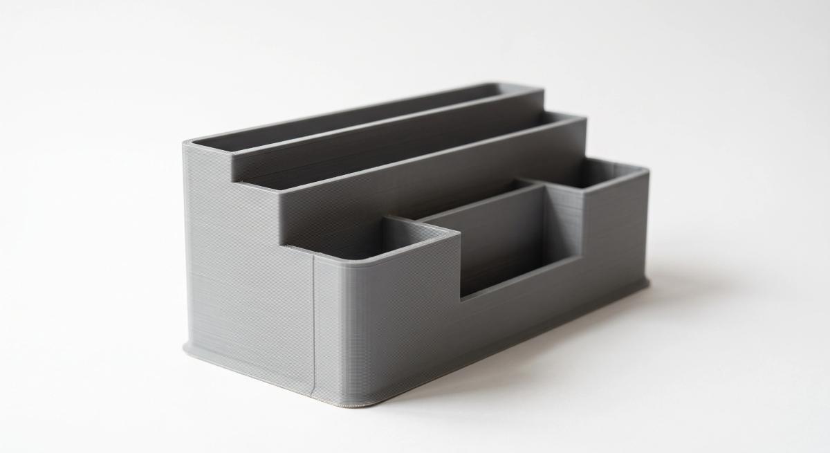 Grey 3D printed desk organizer photographed on a plain white background for a product listing