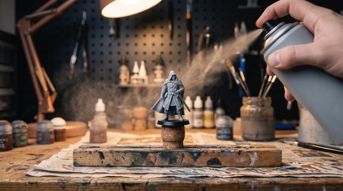 A grey miniature being spray-primed with fine primer mist visible in the air