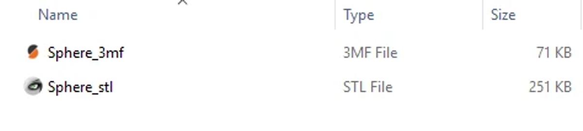 File explorer showing the same model saved as 3MF at 71 KB and as STL at 251 KB
