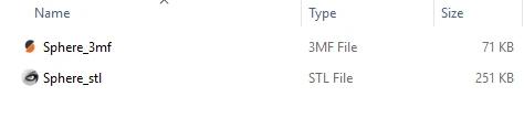 File explorer showing the same model saved as 3MF at 71 KB and as STL at 251 KB