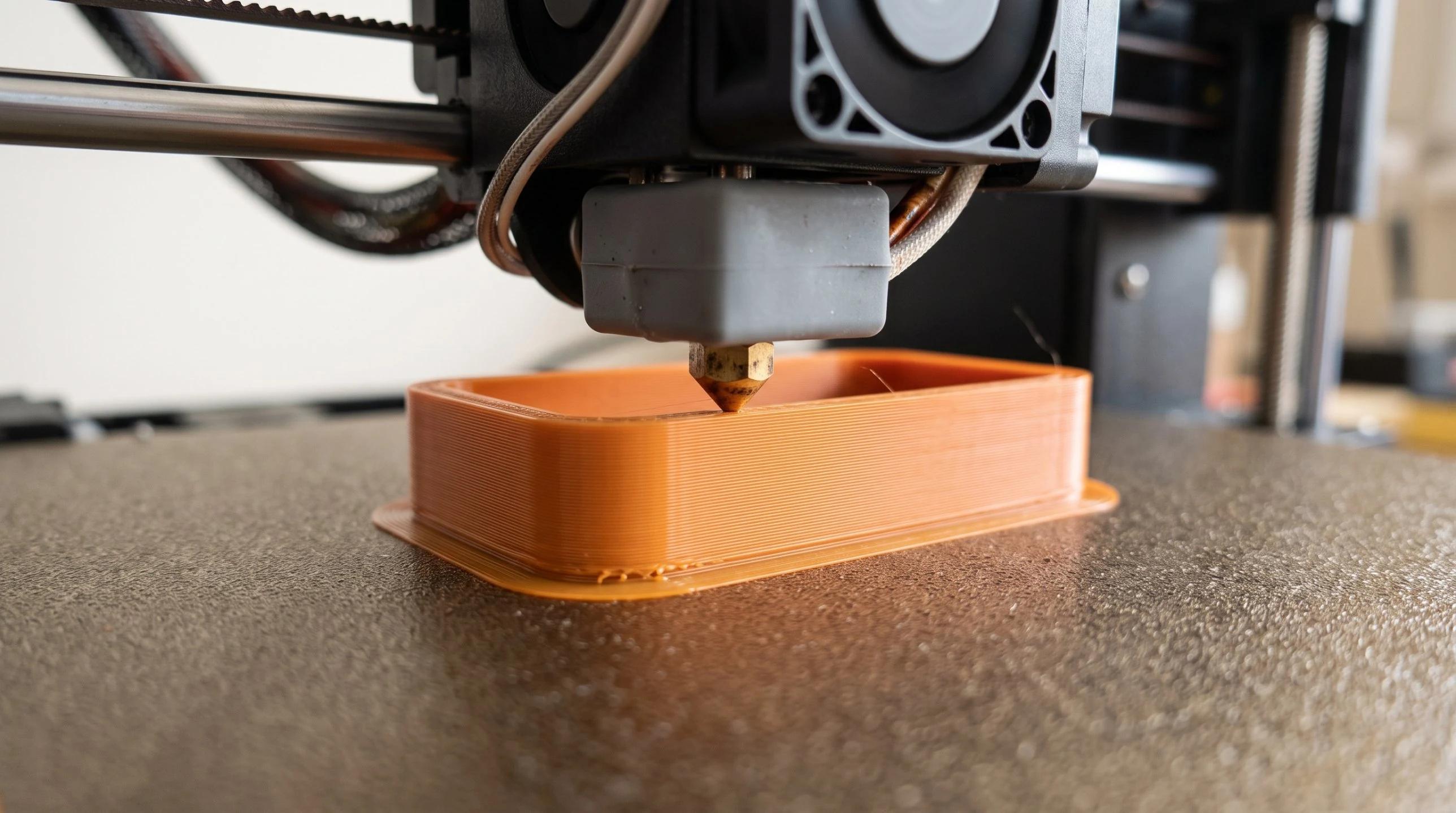 A 3D printer nozzle laying down a fresh line of orange filament on a half-finished print with visible layer lines