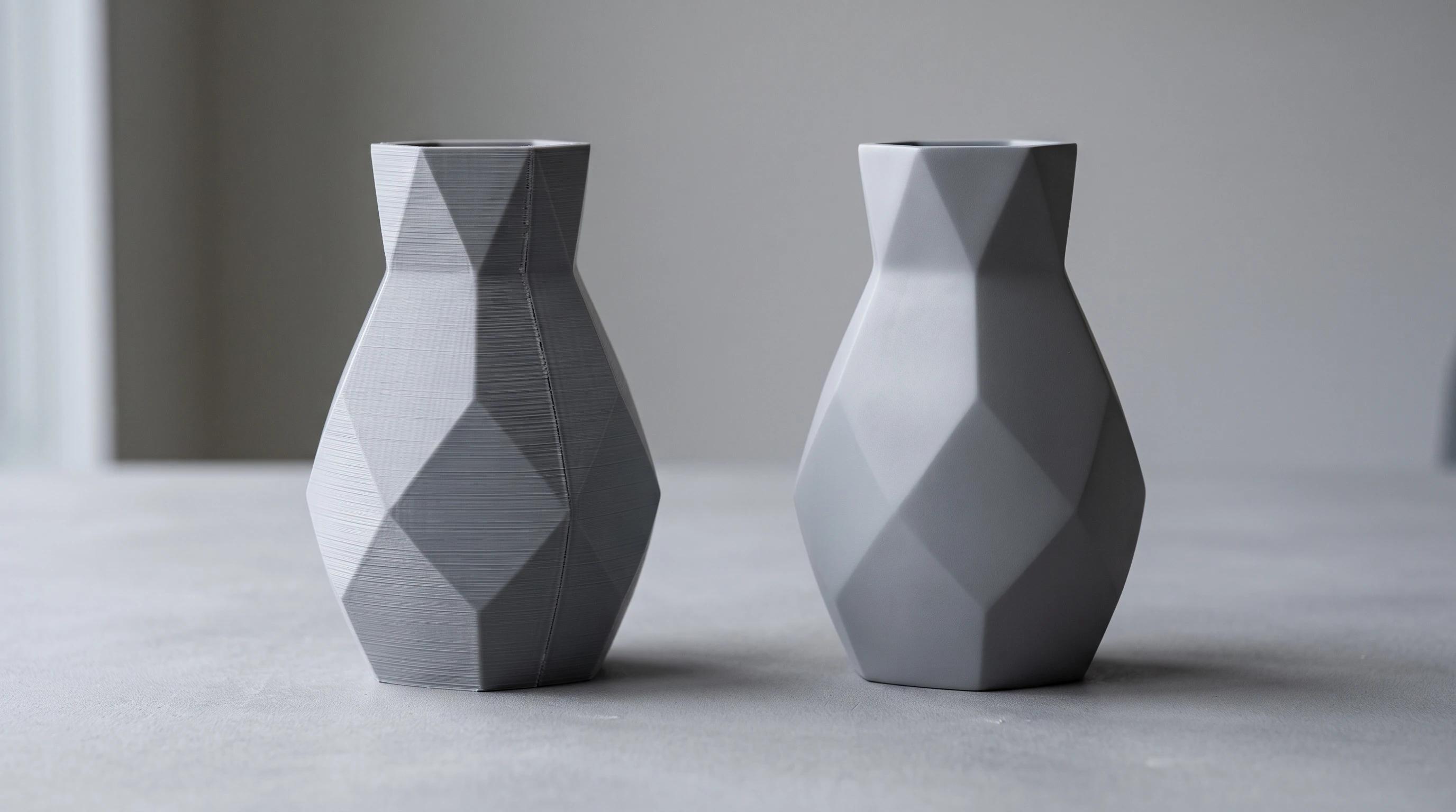The same 3D printed vase shown twice, one with visible layer lines and one sanded and primed to a smooth finish
