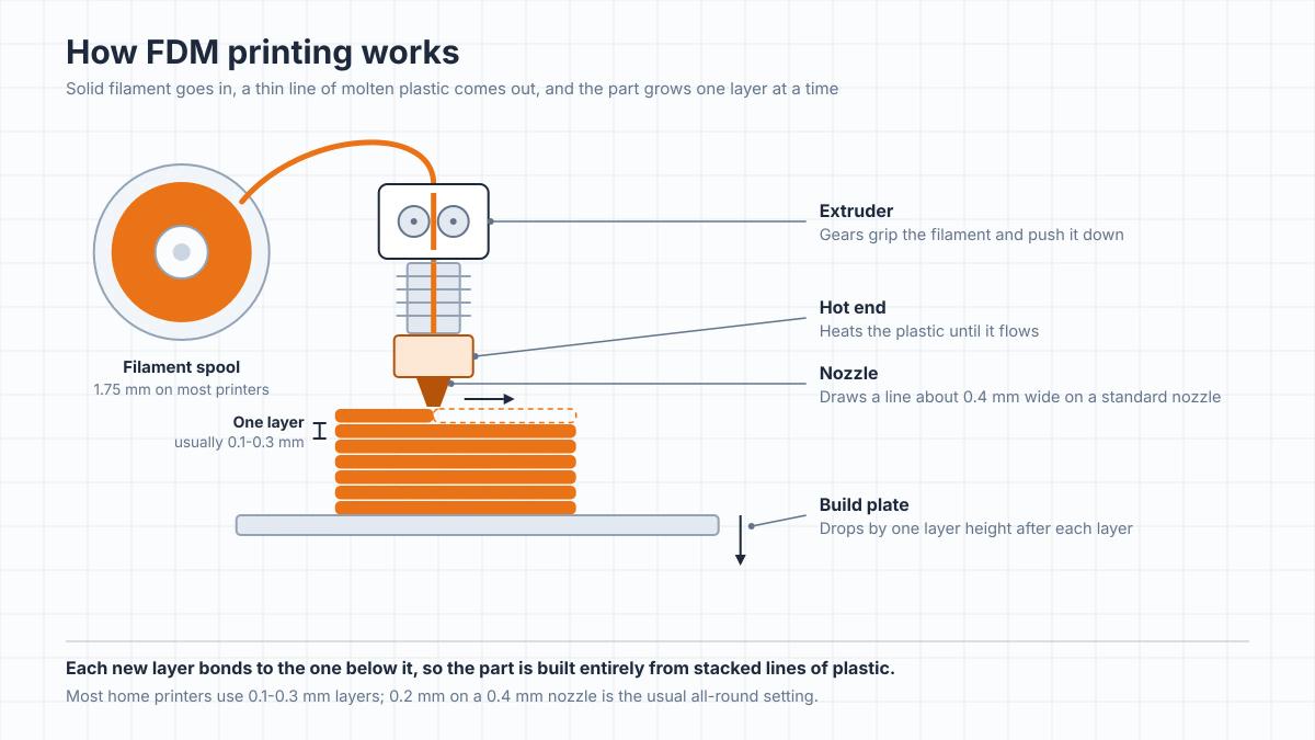 Diagram of the FDM process: filament runs from the spool through the extruder and hot end, out of the nozzle, and builds the print layer by layer on the build plate