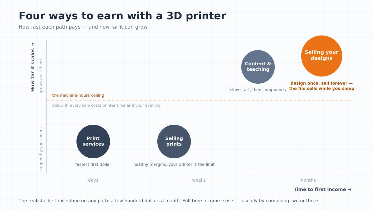 Chart comparing four 3D printing income paths by time to first income and how far each one scales