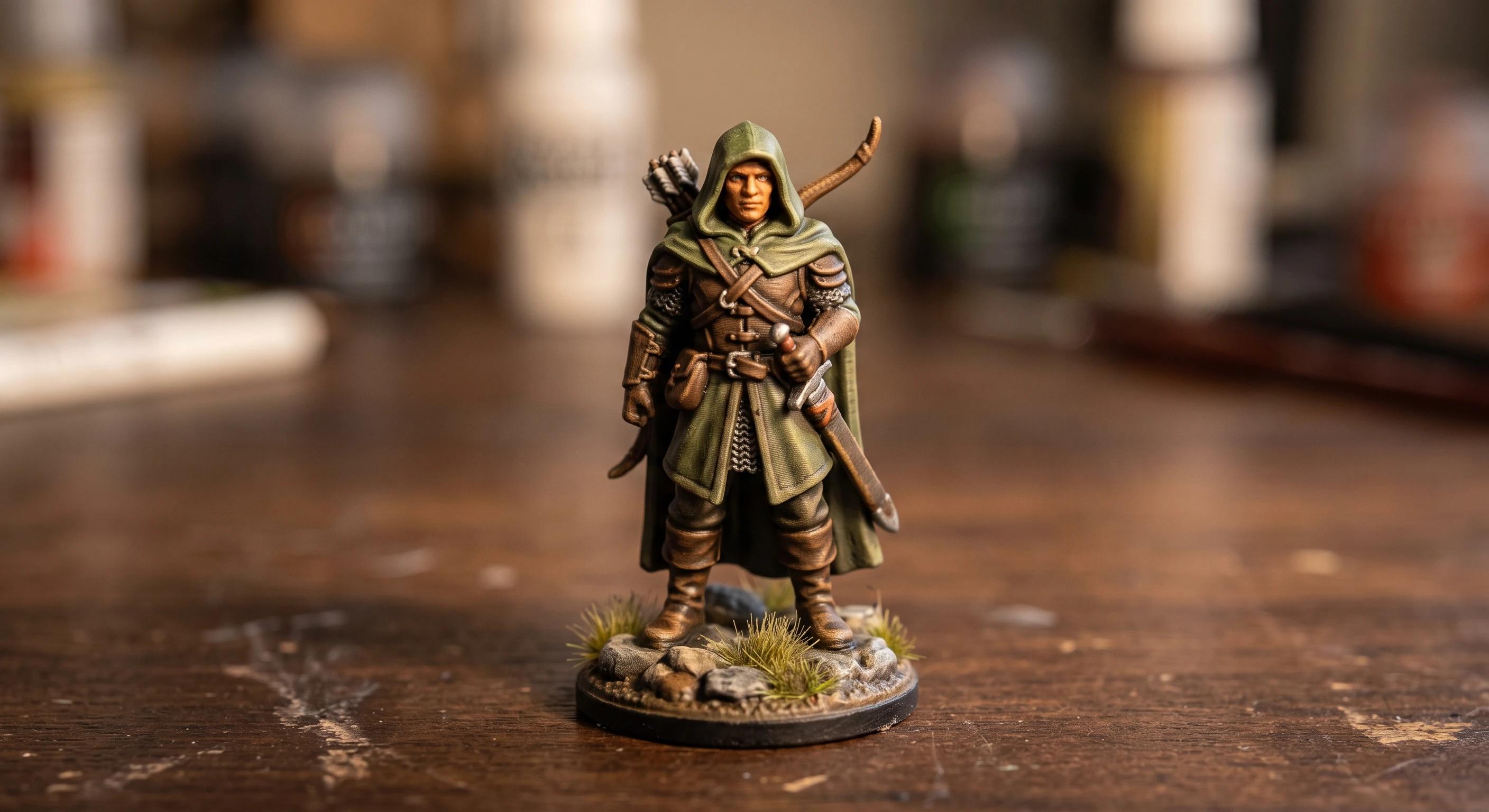 Painted 3D printed ranger miniature in a green hooded cloak standing on a textured base