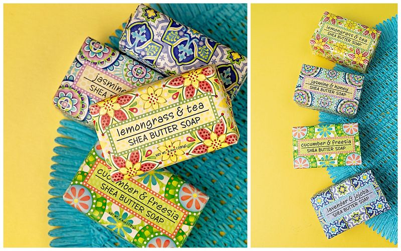bright and colorful soap in a bright yellow and turquoise background