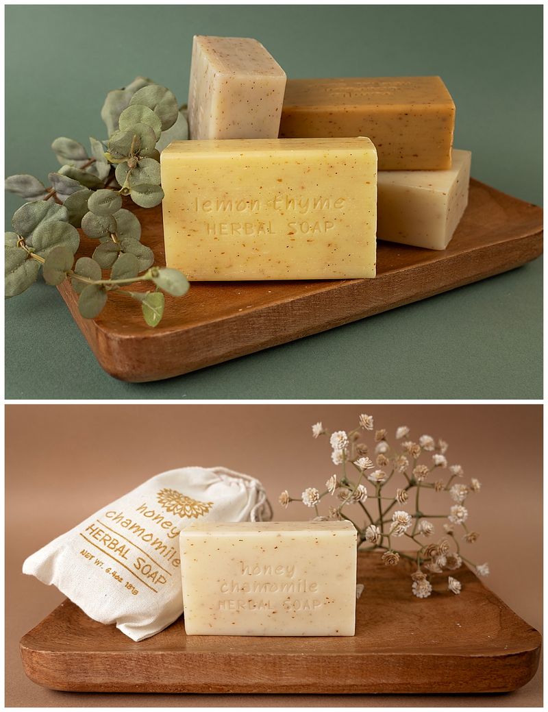 herbal soap on a wooden tray for a product photo