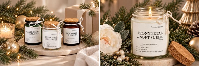 A set of candles for a holiday product photography camgaign.