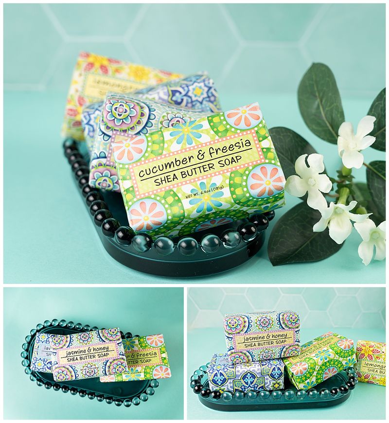 colorful herbal soap in a turquoise glass tray