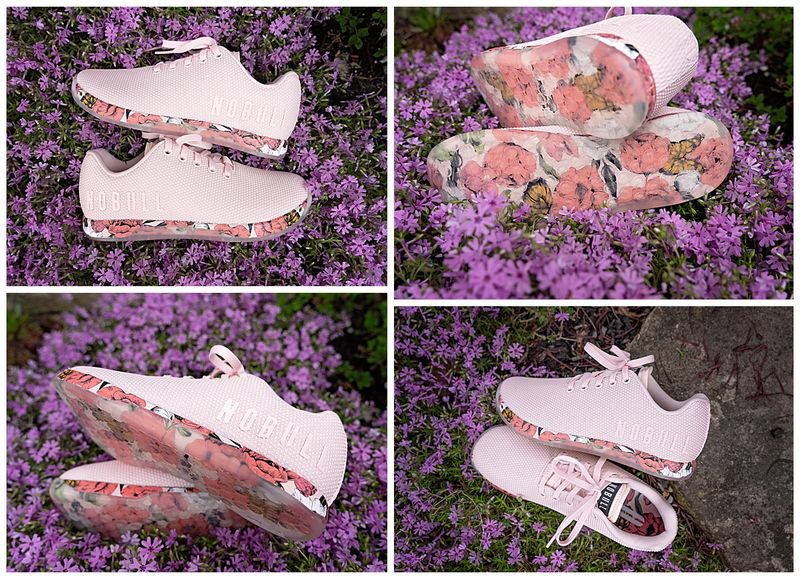 a variety of vies of a pink athletic shoe with flower and butterfly soles
