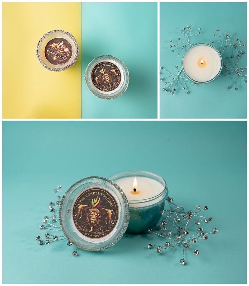 colorful candle on both turquoise and yellow background to show a variety of looks for product photography