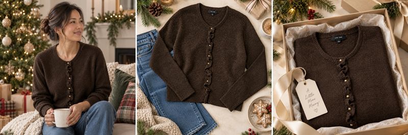 brown womens sweater in holiday scene for holiday product photography.