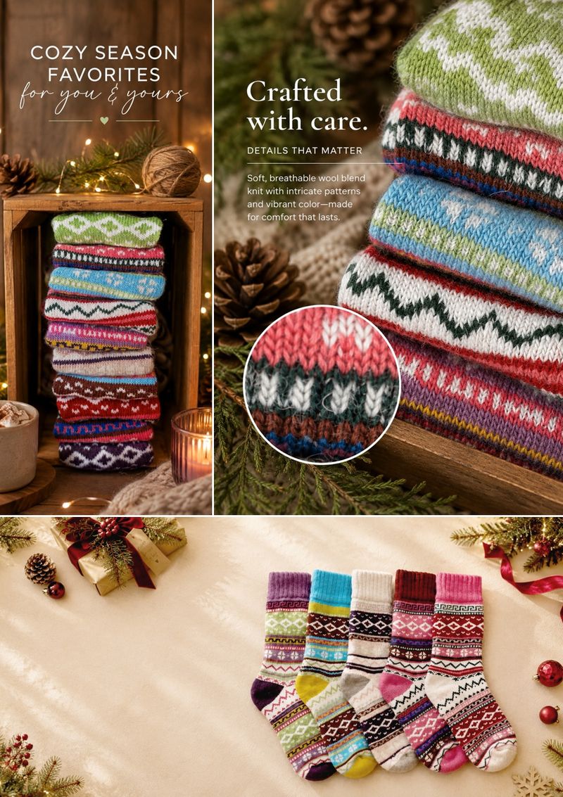 a collection of warm winter socks for product photography