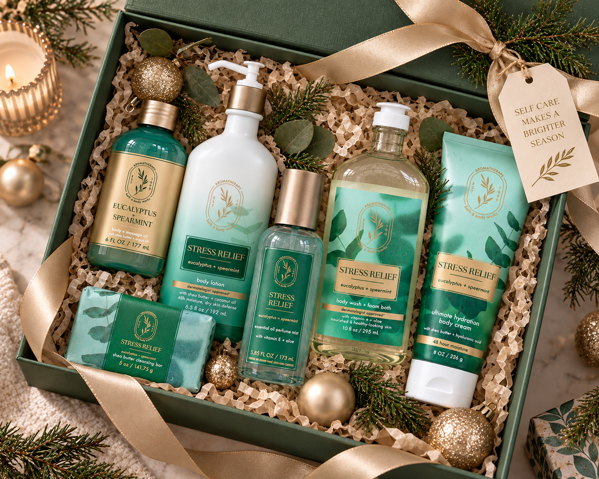 A holiday gift box of skin care products