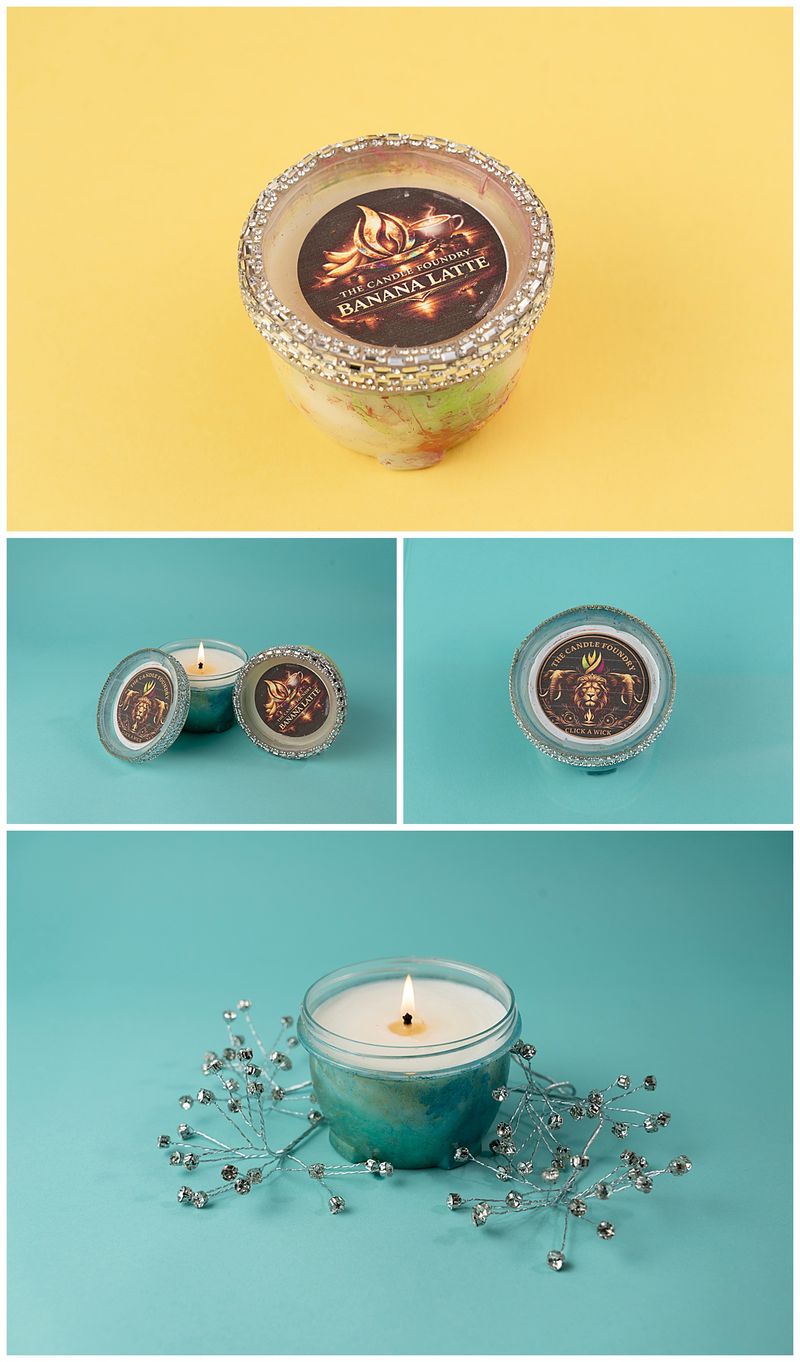 colorful candle on turquoise and yellow backgrounds.