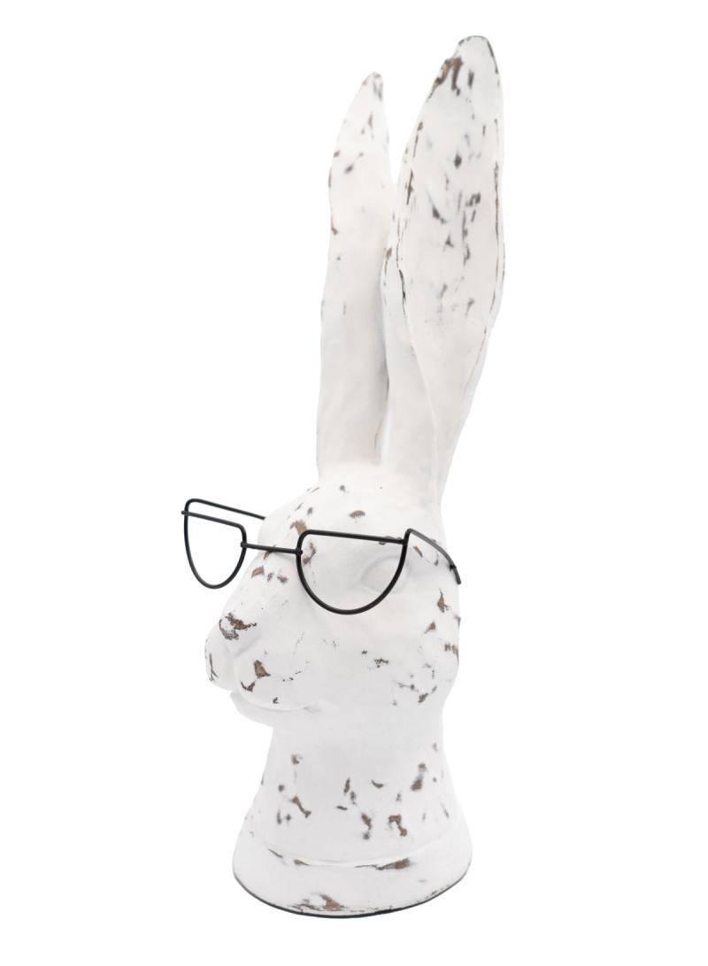 bunny statue with glasses on a white background