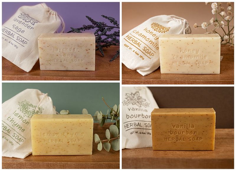 Herbal soaps with canvas pouches to match on differing backgrounds for product photography