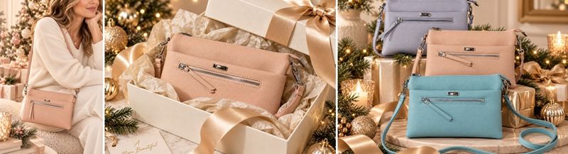 Holiday product photography of matching purses in holiday scenes.